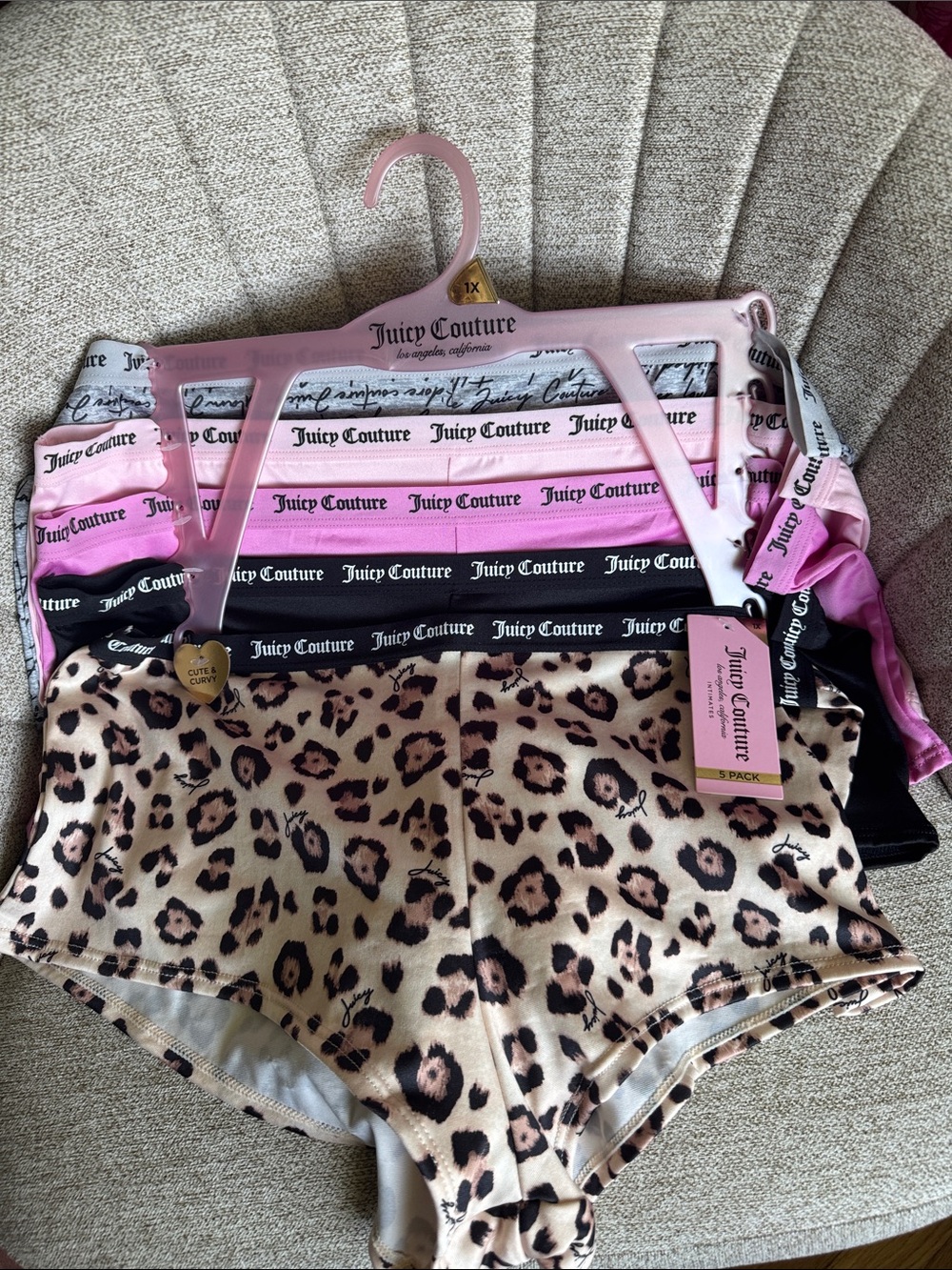 Juicy Couture Leopard, Pink & Black Logo Boxer Briefs Set 5 pack